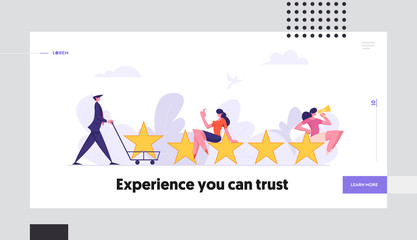 Consumer Feedback Concept Landing Page with Characters Giving 5 Stars Satisfaction Level. Rating System Customer Review People Comment Web Banner. Vector flat cartoon illustration