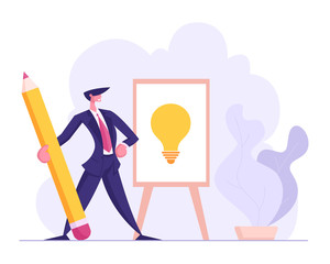 Successful Businessman Draw Light Bulb with Pencil. Creative Idea Symbol, Business Solution, Innovation Strategy, Brainstorming Concept. Vector flat illustration