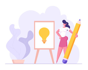 Successful Businesswoman Draw Light Bulb with Pencil. Creative Idea Symbol, Business Solution, Innovation Strategy, Brainstorming Concept. Vector flat illustration