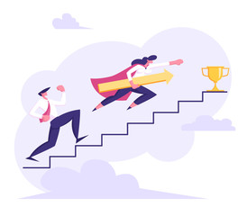 Business People Climbing Stairs to Success. Man and Woman Characters Running to the Victory. Business Competition, Goal Achievement Concept. Vector flat cartoon illustration