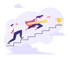 Fototapeta premium Business People Climbing Stairs to Success. Man and Woman Characters Running to the Victory. Business Competition, Goal Achievement Concept. Vector flat cartoon illustration