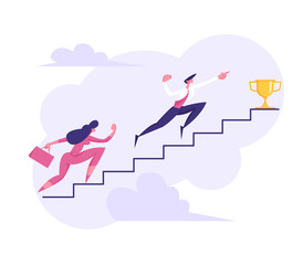 Business People Climbing Stairs to Success. Man and Woman Characters Running to the Victory. Business Strategy Competition, Goal Achievement Concept. Vector flat cartoon illustration