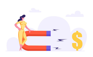 Obraz premium Successful Woman with Big Magnet Attract Money. Business Solution Strategy with Businesswoman Attracting Investments Concept. Vector flat illustration