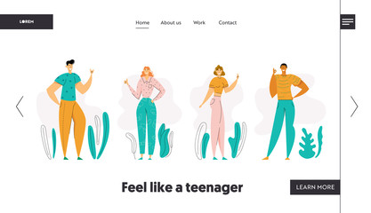 Happy Man Showing Gesture Rock and Okay Landing Page. Girl Gesturing Thumb Up and Victory Sign. Male and Female Characters with Positive Face Expression Web Banner. Vector flat illustration