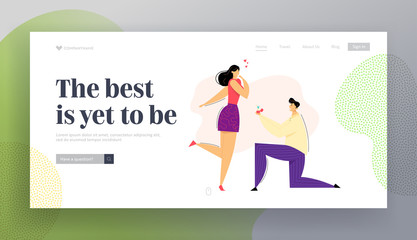 Man Kneeling Offering Engagement Ring to his Girlfriend Landing Page. Young Guy on Knees Proposing Girl to Marry. Marriage Proposal Website Banner Concept. Vector flat illustration