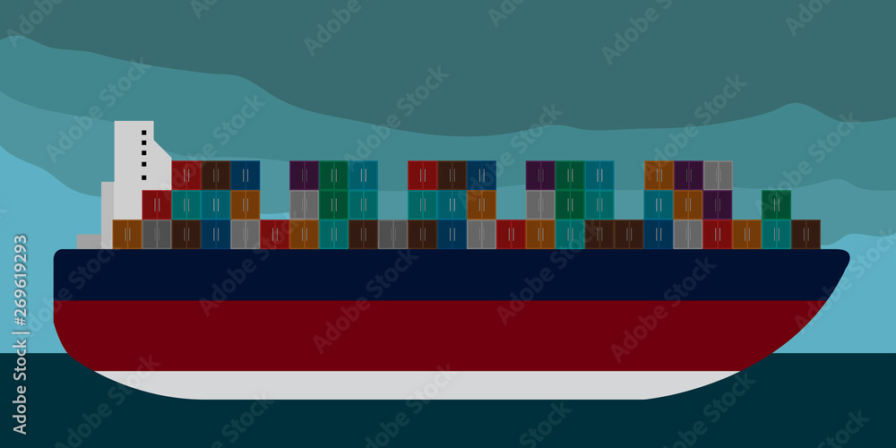 Wall mural Side view of a cargo ship in a landscape - Vector