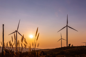 Electricity production with wind turbines Wind turbine pictures produce evening lights