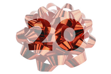 Image of a lightened gift loop made of red gift ribbon with transparent number 20 in original color