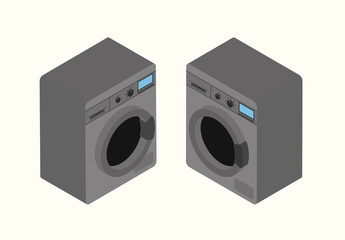 Cartoon picture with washing machine,  washer, laundry machine. Isometric style vector illustration with background.