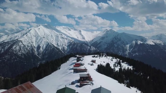 Aerial view of Pokut plateau under snow in the Black Sea and Rize Turkey