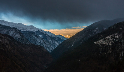 sunset view from mountaintop in himalayas in india