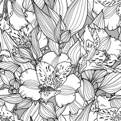 Vector seamless pattern with hand drawn plants. Botanical background with flowers, leaves and branches. Alstroemeria hand drawn black and white flowers on grey background.