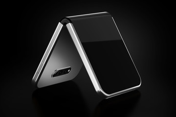 Concept of foldable smartphone folding on the shorter side. Flexible smartphone isolated on black background. 3D rendering