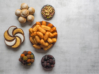 Ramadan sweets are laid out on the table. Top view