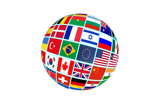 Globe with world flags isolated on white background