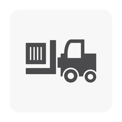 Forklift vector icon. May called fork truck or lift truck. Elevator machine equipment or vehicle for heavy industrial work at storage, port, warehouse and factory by lift up, raise and delivery cargo.