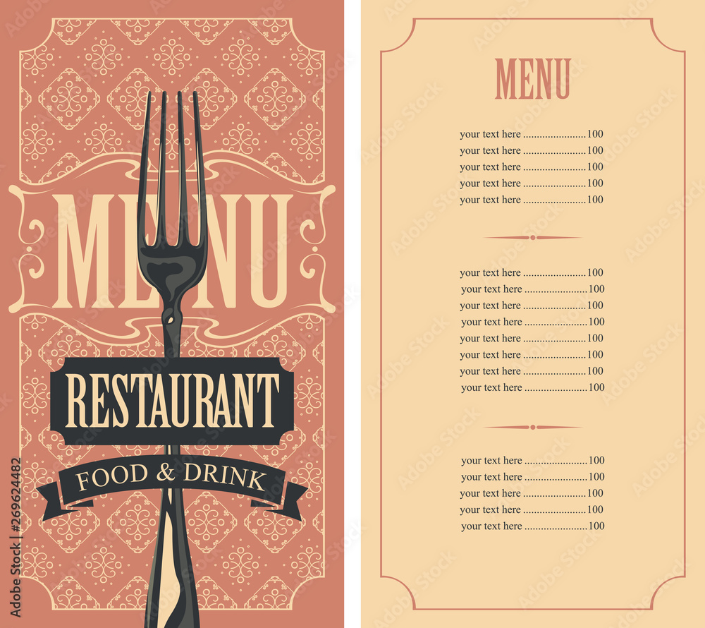 Poster template vector menu for restaurant with price list and realistic fork in figured frame with curlicu
