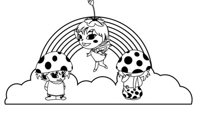 fungus elfs and fairy with rainbow