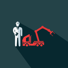 Excavator with engineer icon - flat