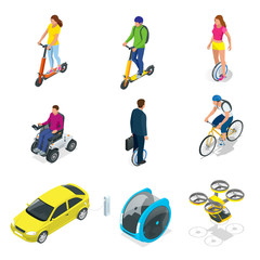 Isometric set of Alternative Eco Transport isolated on a background. Modern bike, electric car with solar panels, electric scooter, gyroscooter, monowheel, electric mini car © Golden Sikorka