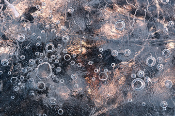 Texture abstract closeup background ice with grooves, furrows, and bubbles of air cought by frost...