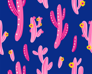 Vector seamless pattern with cactus on blue geometric background. Summer plants, flowers and leaves. Natural floral bright design. Botanical illustration.