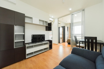 Modern living room and kitchen in small apartment