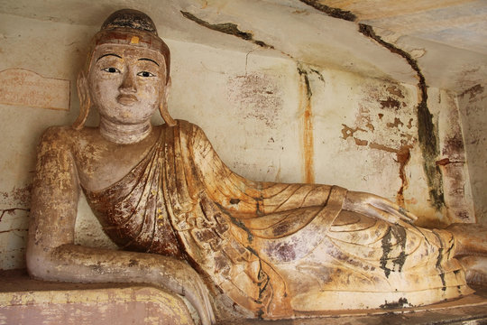 Old Buddha statue at Pho Win Taung Caves, Monywa city, Sagaing State, Myanmar, Asia.