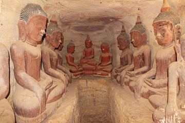Old Buddha statues at Pho Win Taung Caves, Monywa city, Sagaing State, Myanmar, Asia.
