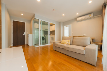 Modern living room and kitchen in small apartment