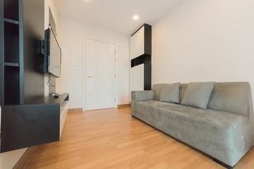 Modern living room and kitchen in small apartment