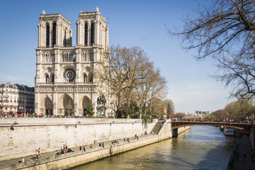 Fototapeta na wymiar Parisian landscape of Paris quays under a beautiful blue sky at the end of spring at the foot of the famous cathedral Notre Dame - Paris, France