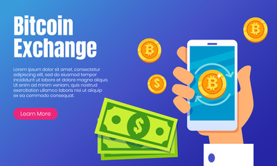 Bitcoin exchange. Landing page template of cryptocurrency exchange. Illustration for banner and website. Flat style design.