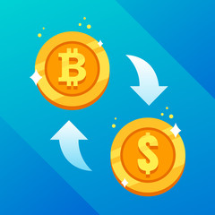 Bitcoin to dollar currency exchange. Bitcoin exchange, bitcoin symbol and dollar coin. Cryptocurrency technology.
