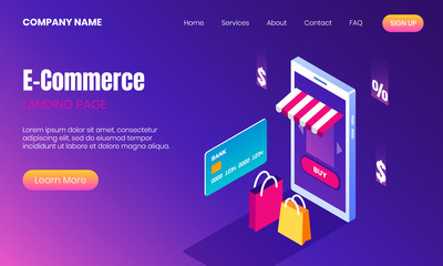 E-commerce landing page. Web page design template for online store. 3d isometric illustration.