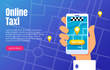Online taxi. Landing page template of online taxi. Smartphone with taxi service application on a screen, street map and location pointer. Illustration for banner and taxi website.