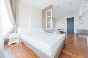 Bedroom interior, evening lighting