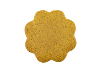 An overhead photo of a single ginger cookie, isolated on white background.