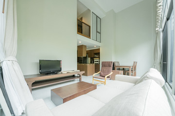 Fototapeta na wymiar Beautiful and large living room interior with hardwood floors