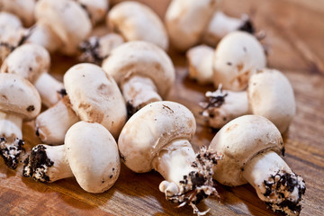 Fresh raw organic champignons on a wooden table.