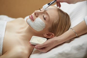 Obraz na płótnie Canvas people, beauty, cosmetology and treatment concept - close up of beautiful young woman lying with closed eyes and cosmetologist applying facial mask by brush at spa