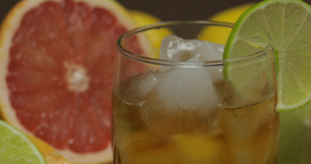 Whiskey, cognac, liqueur in a glass cup. Close-up