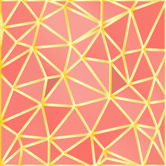 Coral color premium background with luxury polygonal pattern and gold triangle lines.