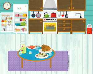 cartoon scene with colorful family kitchen - illustration for children