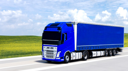 Fototapeta na wymiar the blue truck on the road , container of road cargo transportation. Commercial transport
