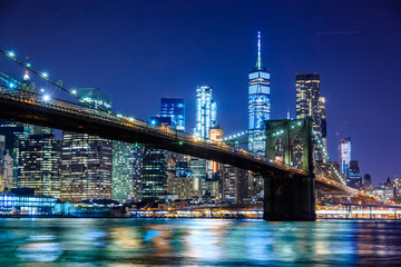Brooklyn Bridge at Night with Water Reflection, New York City Skyline