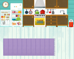 cartoon scene with colorful family kitchen - illustration for children