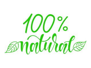 Hand sketched 100% natural lettering typography. Concept for farmers market, organic food. Packaging design style. Calligraphy badge, icon, logo, banner, tag.
