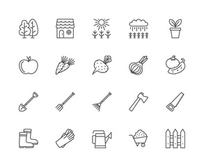 Set of Agriculture Line Icons. Trees, Forest, House, Field, Flowerpot and more.