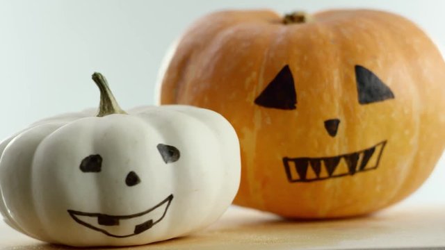 video shows two painted pumpkins, white background